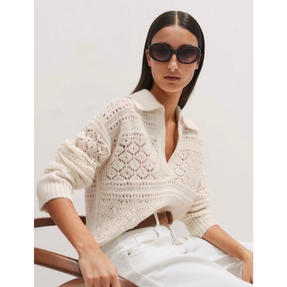 ME+EM Lofty Pointelle Curved Sweater Jumper Pullover Cream Knit XS Alpaca Wool - Picture 1 of 12